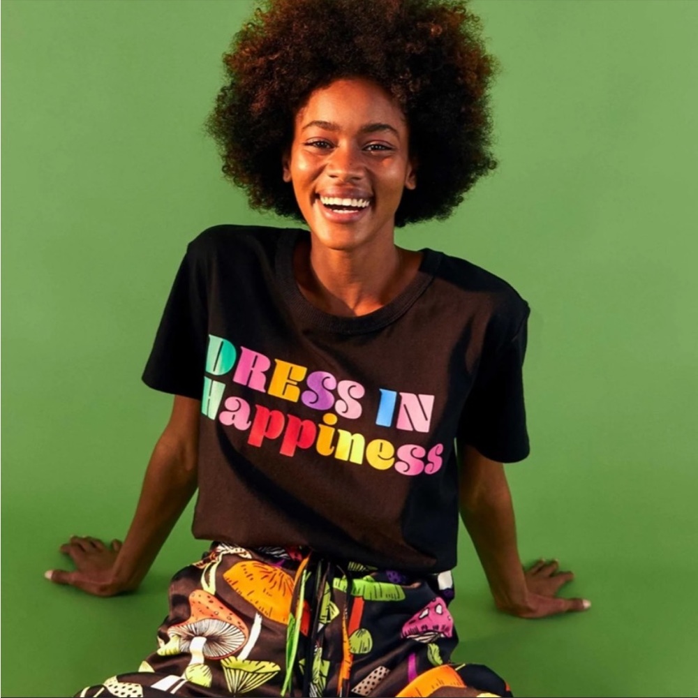 Farm Rio Dress In Happiness Tee Black Cotton Size L Boho Colorful Resort Summer